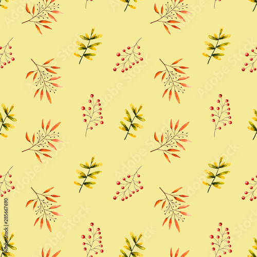 Wallpaper Mural Seamless pattern with watercolor sprigs, leaves, berries, rowan. Illustration isolated. Hand drawn autumn items perfect for wallpaper, vintage design, retro style, poster, print, fabric textile Torontodigital.ca