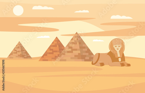 Egypt desert landscape with pyramids and sphinx vector illustration background.