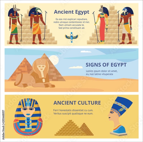 Ancient Egypt culture set of banners with history symbols vector illustrations.