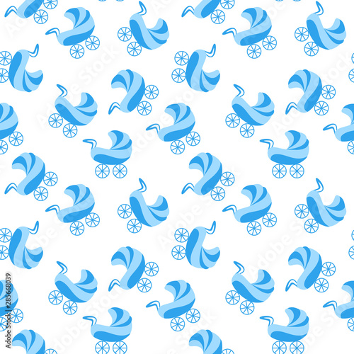 Seamless pattern with blue pram
