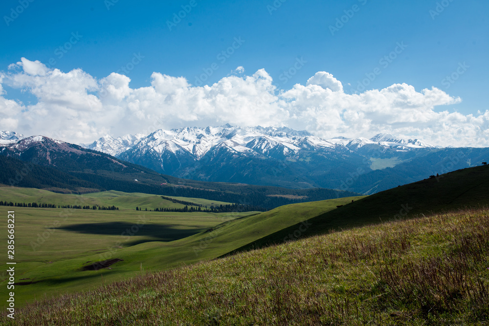 Mountain panorama with green field and blue sky Mountain panorama with green field and blue sky