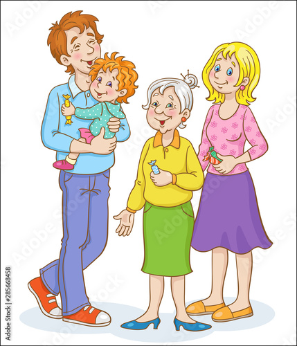 Friendly family. Mom, Dad with a little daughter and grandmother. In cartoon style. Isolated on white background