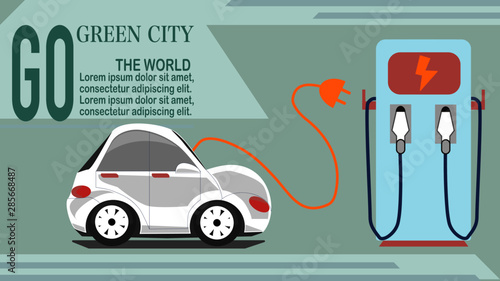 Electric car charging station, electric vehicle concept 3d rendering for go green city, design for background, template, web header, publiser or postcard