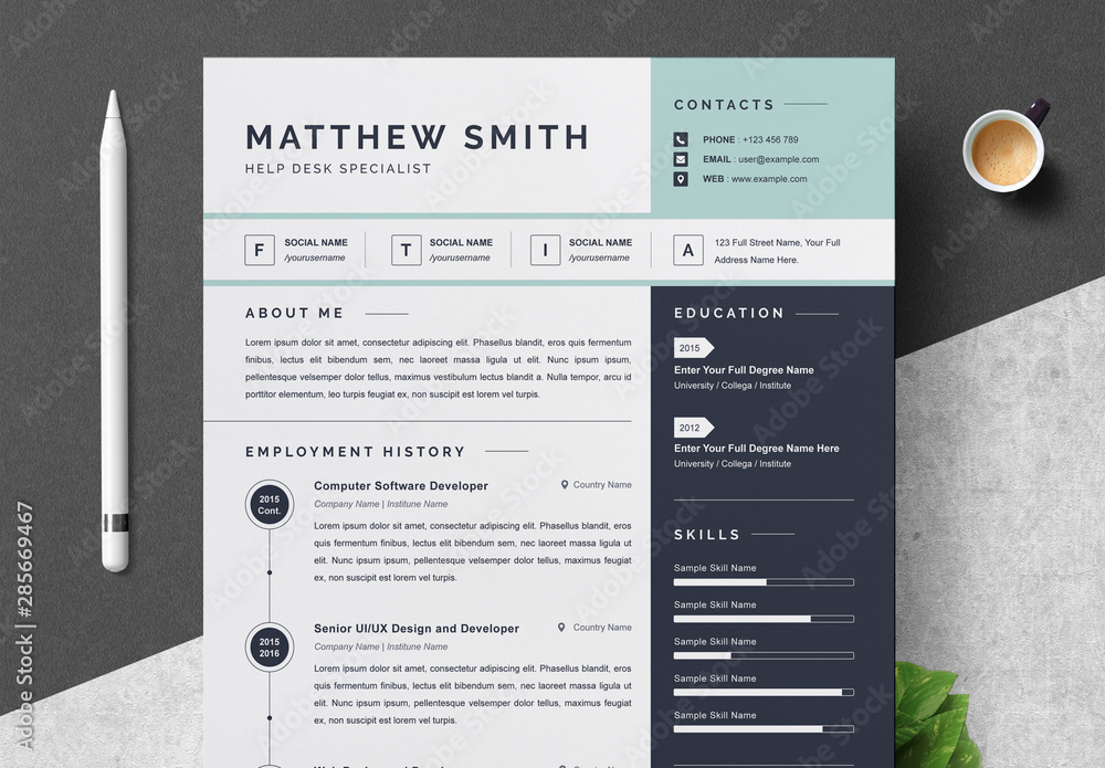 Resume and Cover Letter Layout with Blue Sidebar and Accents Stock Template Adobe Stock
