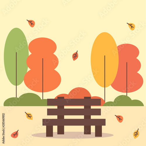 cute cartoon vector autumn city park with bench, trees and leaves 