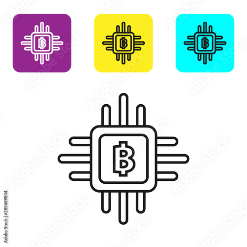 Black line CPU mining farm icon on white background. Bitcoin sign inside processor. Cryptocurrency mining community. Digital money. Set icons colorful square buttons. Vector Illustration