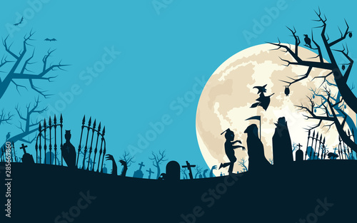 Halloween background with vampire, grim reaper, zombies and witch in graveyard and the full moon. Vector illustration.