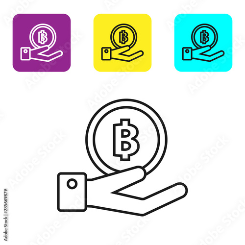 Black line Hand holding Bitcoin icon on white background. Blockchain technology, digital money market, cryptocoin wallet. Set icons colorful square buttons. Vector Illustration