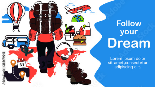 Backpacker around the world for travel banner, infographic, design for ui, ux, website or publisher, flat vector, easy to adjust color.
