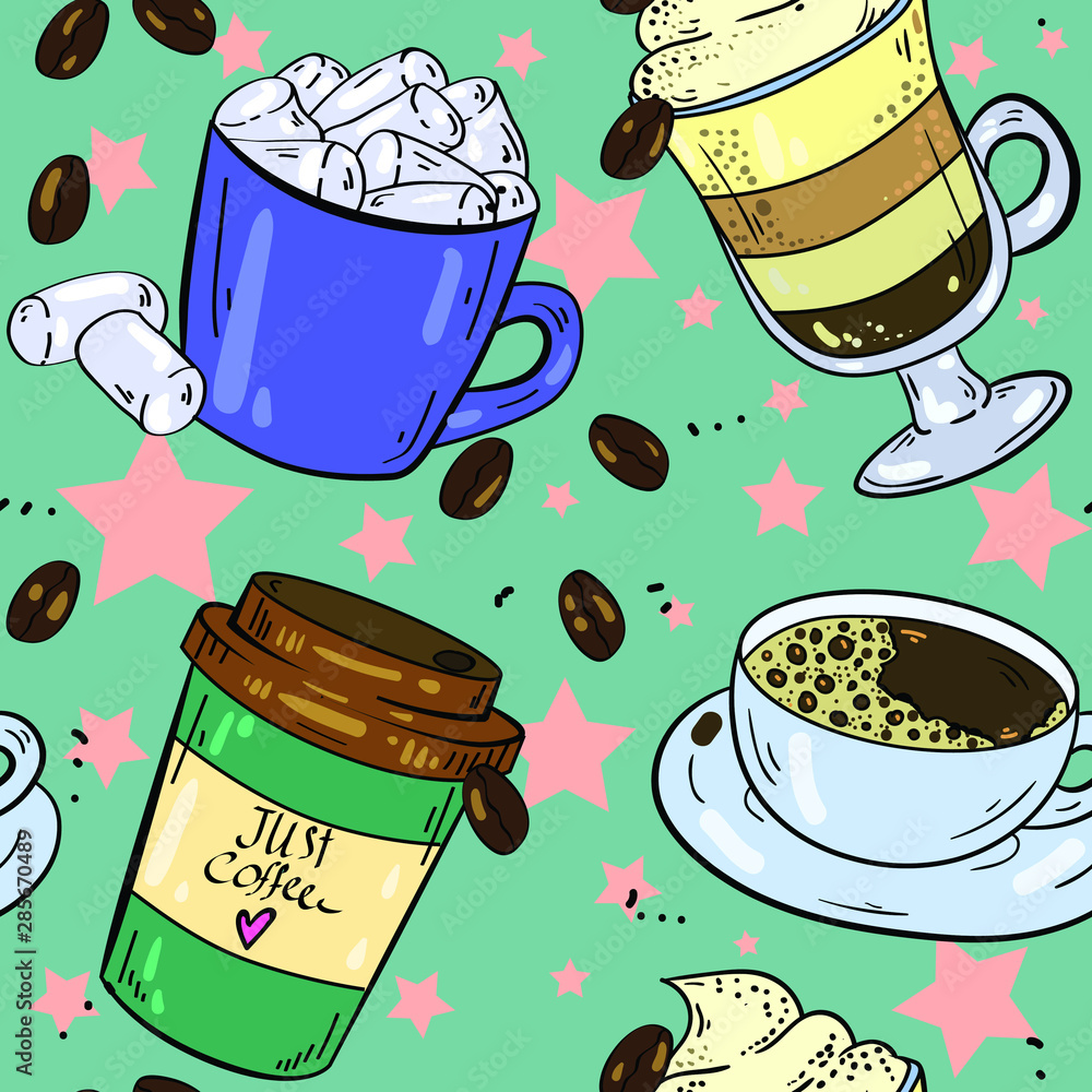 Seamless pattern with coffee, marshmallow, cup, mug, americano, espresso,  latte and coffee beans on green background with stars. Good for printing.  Wallpaper and fabric design. Wrapping p Stock Vector | Adobe Stock