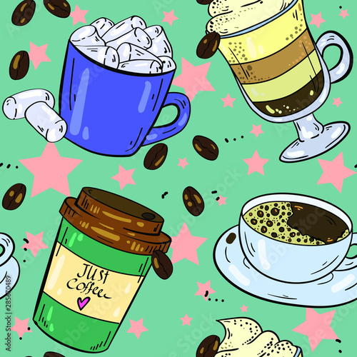 Seamless pattern with coffee, marshmallow, cup, mug, americano, espresso, latte and coffee beans on green background with stars. Good for printing. Wallpaper and fabric design. Wrapping p