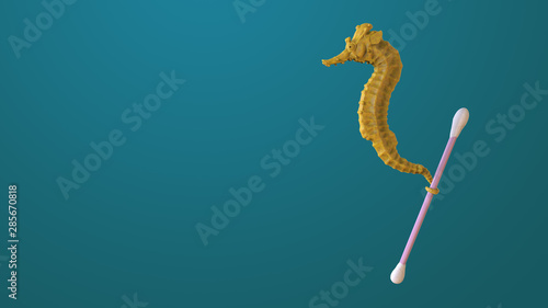 Render sculpt 3d Side view of a Common yellow Seahorse with swabs. Stop ocean plastic pollution. Composed of white plastic waste bag, bottle on blue background. Plastic problem. photo