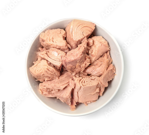 Bilde på lerret Bowl with canned tuna on white background, top view