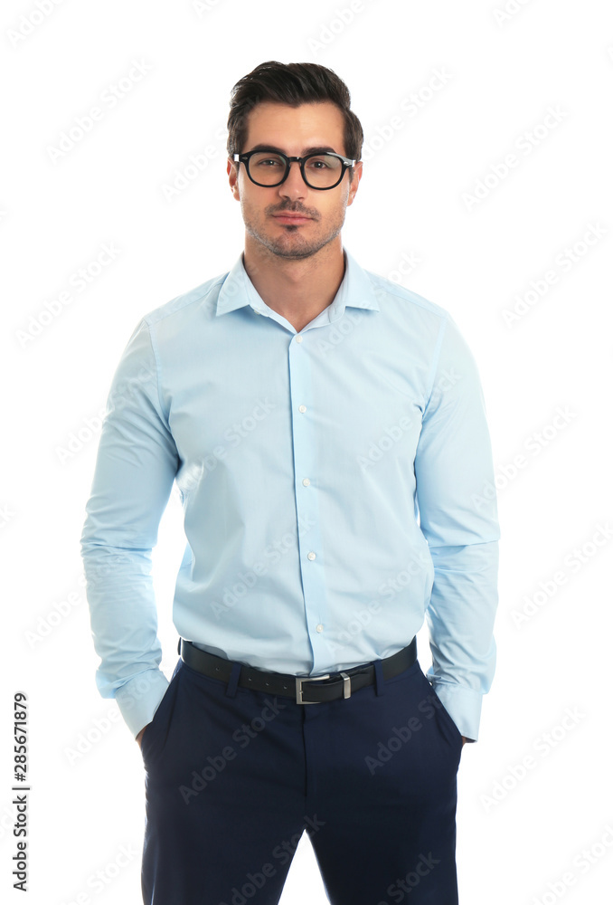 Young male teacher with glasses on white background