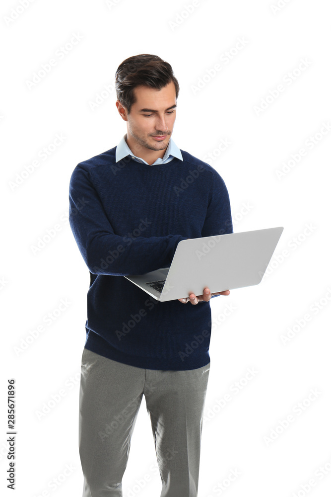 Young male teacher with laptop on white background Young male teacher with laptop on white background