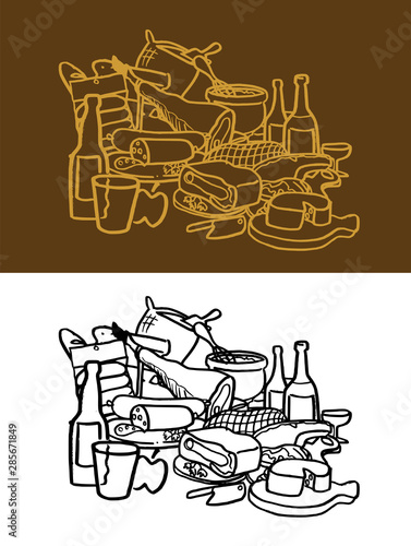 Spanish food set. Still life spanish food set. Includes sausages, flour, bread, cider, bottles, ham, apple, cheese, meat, wine and more. Cartoon vector illustration.