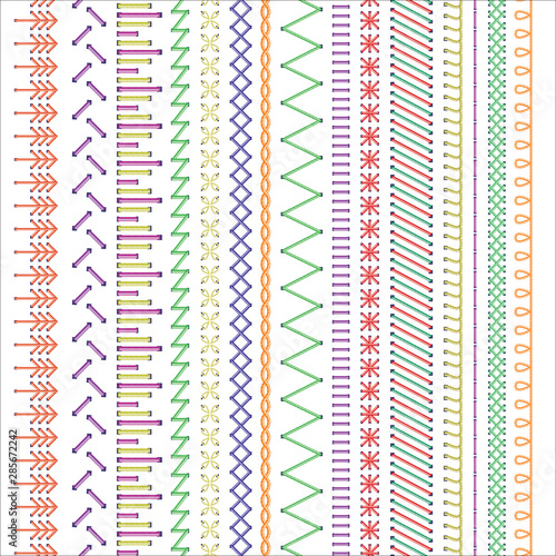 Sewing machine stitches seamless colorful pattern vector illustration on white.