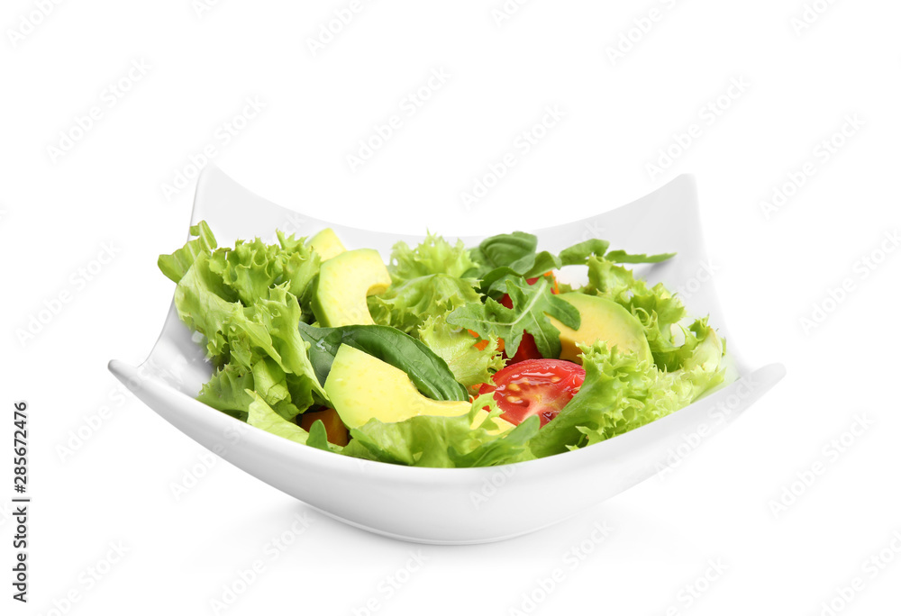 Delicious avocado salad in bowl on white background Delicious avocado salad in bowl on white background