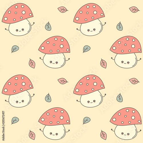 cute cartoon autumn fall seamless vector pattern background illustration with mushrooms and leaves