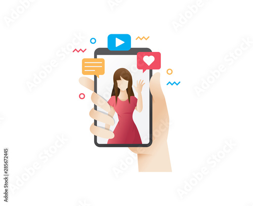 Live streaming conceptual illustration. Video watching concept illustration. Hand holding smart phone, live streaming, Video call - vector illustration