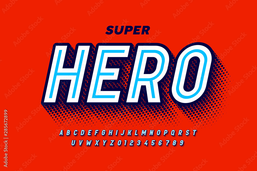 Fototapeta Komiksowa czcionka w stylu Super Hero, litery i cyfry