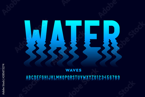 Water waves style font design, ripple effect alphabet letters and numbers
