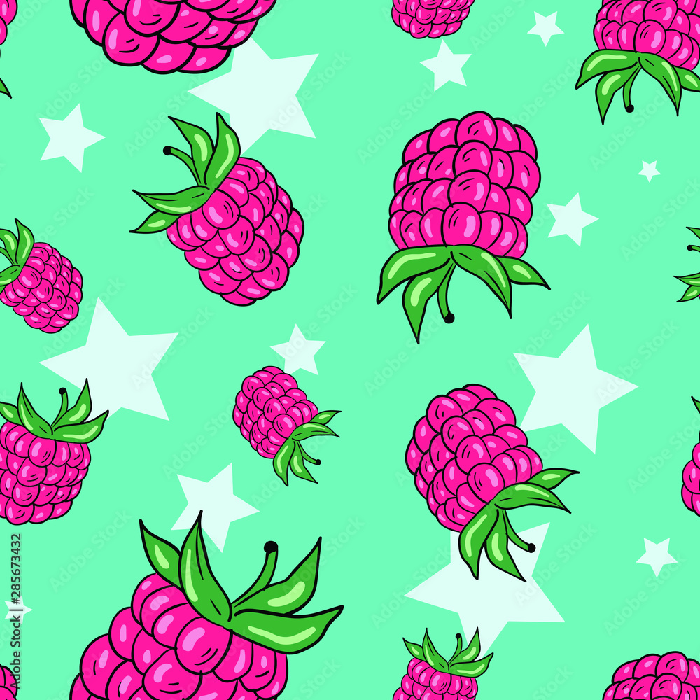 Vector seamless pattern with stars and raspberries on green background. Wallpaper and fabric design. Good for printing. Wrapping paper pattern. Vector seamless pattern with stars and raspberries on green background. Wallpaper and fabric design. Good for printing. Wrapping paper pattern.