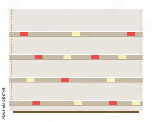 Retail store white empty shelves flat cartoon vector illustration isolated.