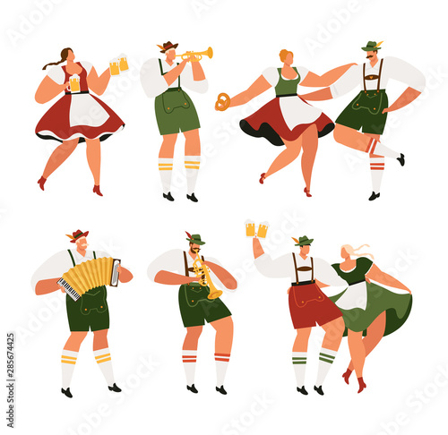 Oktoberfest. Funny cartoon characters in Bavarian folk costumes of Bavaria celebrate and have fun at Oktoberfest beer festival. Party Concept Flat Vector Illustration.