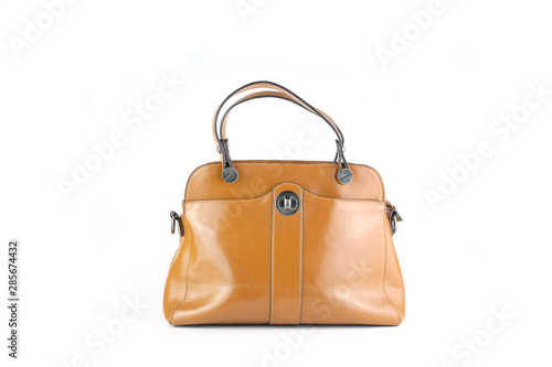 close up shot of woman brown handbag isolated on white background