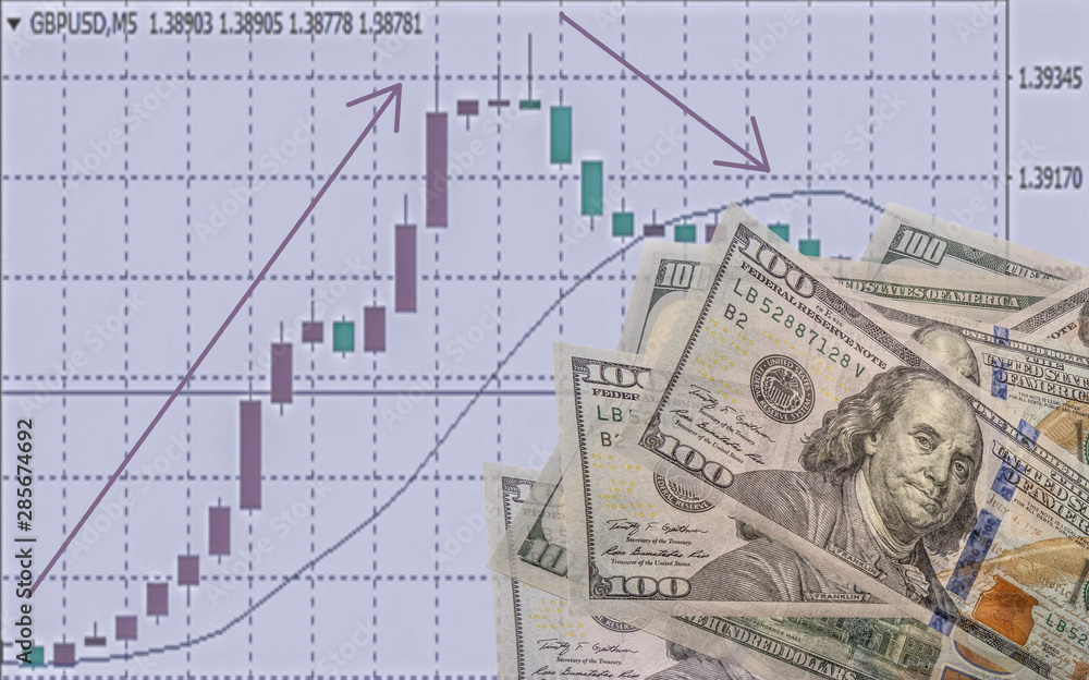 Forex online monitor with abstract stock diagram and dollar bills