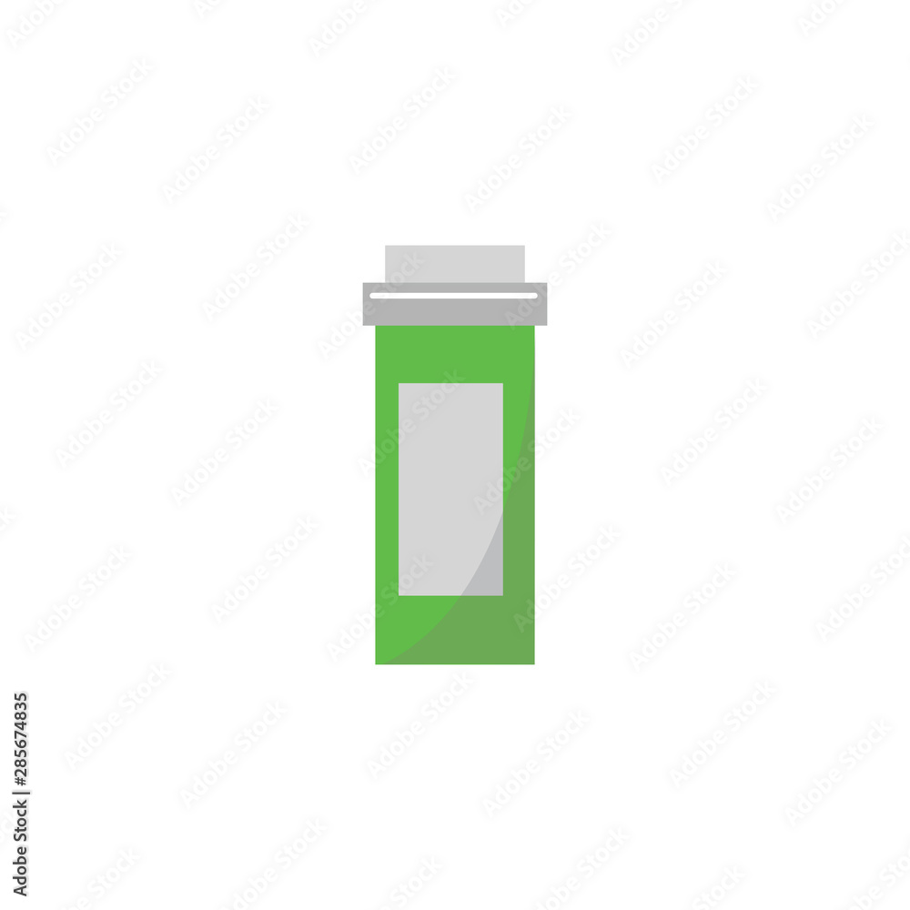 Green pill bottle in cartoon flat style, small rectangle medicine container with blank label template Green pill bottle in cartoon flat style, small rectangle medicine container with blank label template