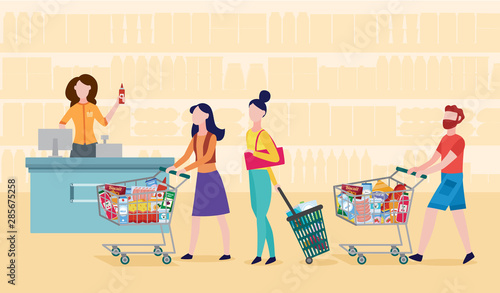 Grocery supermarket checkout line - cartoon people standing in queue