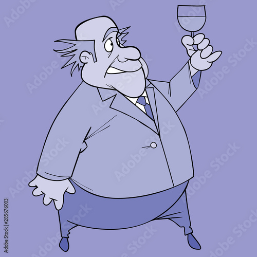 cartoon man looks at a glass he holds in his hand