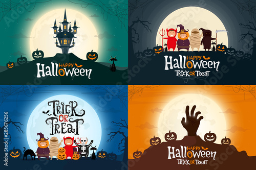 Set of Happy Halloween greeting cards. Four poster with kids, zombie hand, and spooky castle. Vector illustration.