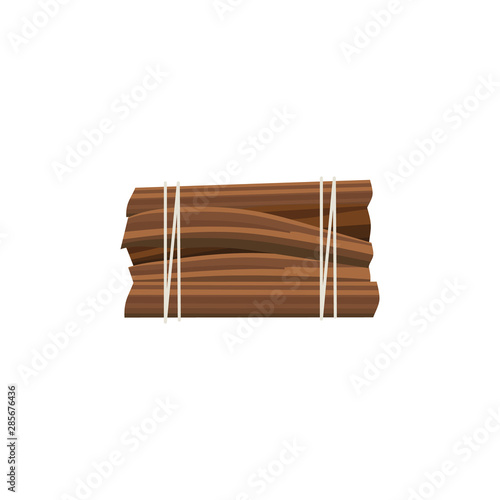 Stack of firewood logs tied up by rope, rectangle pieces of wood cut ready for camp bonfire