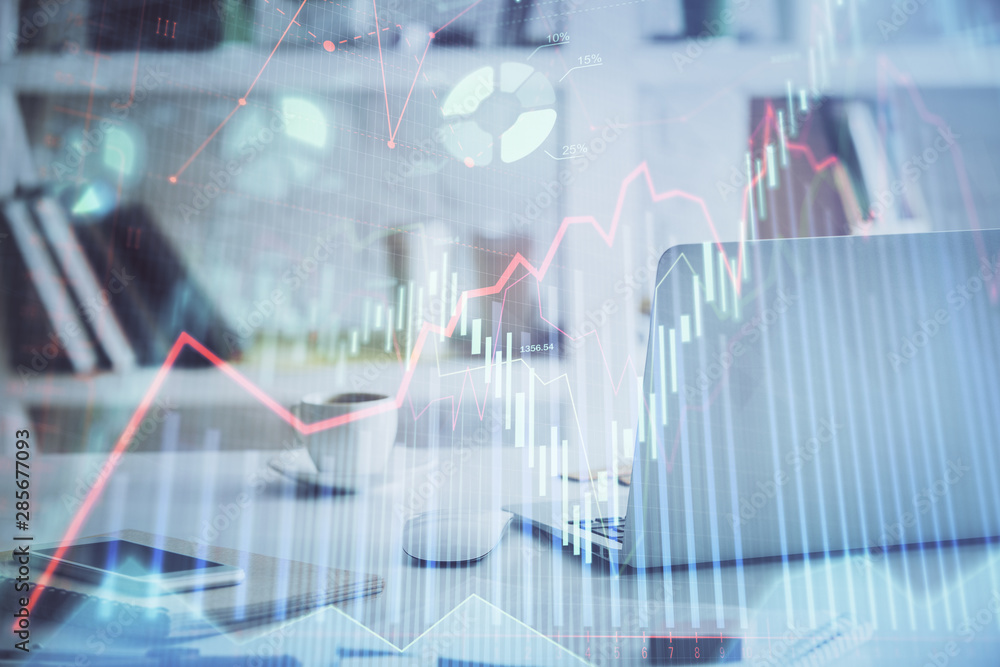 Stock market graph on background with desk and personal computer. Multi exposure. Concept of financial analysis. Stock market graph on background with desk and personal computer. Multi exposure. Concept of financial analysis.