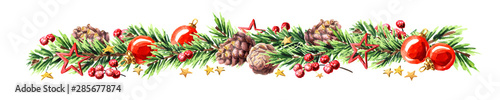 Wide Christmas border with fir branches, red and silver baubles, pine cones and stars.. Watercolor hand drawn illustration, isolated on white background