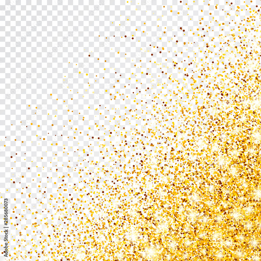 Sparkling Golden Glitter on Transparent Vector Background. Falling Shiny Confetti with Gold Shards. Shining Light Effect for Christmas or New Year Greeting Card.