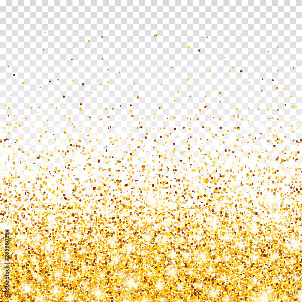 Sparkling Golden Glitter on Transparent Vector Background. Falling Shiny Confetti with Gold Shards. Shining Light Effect for Christmas or New Year Greeting Card.