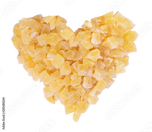 Dried ginger heart shape, little pieces of cubes of ginger dehydrated. Healthy food natural bio diet meal