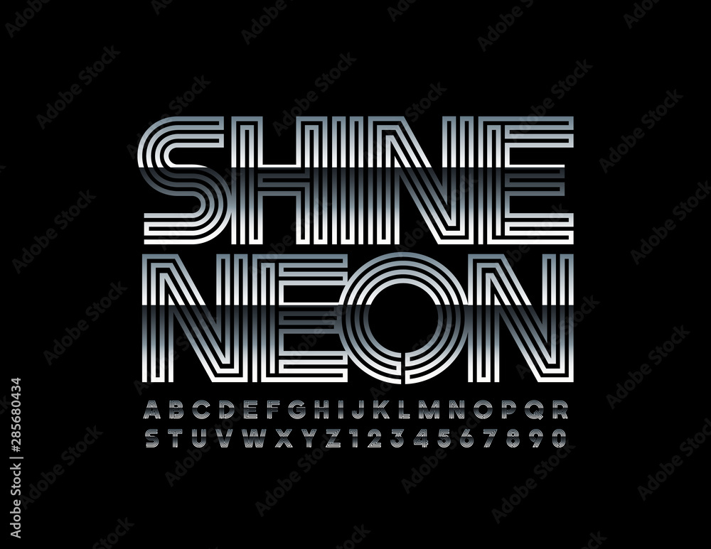 Obraz premium Vector chic Sign Shine Neon with Silver Font. Stylish Alphabet Letters and Numbers.
