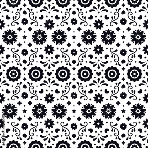 Mexican folk art seamless pattern with flowers on white background. Traditional design for fiesta party. Floral ornate elements from Mexico. Mexican folklore ornament.