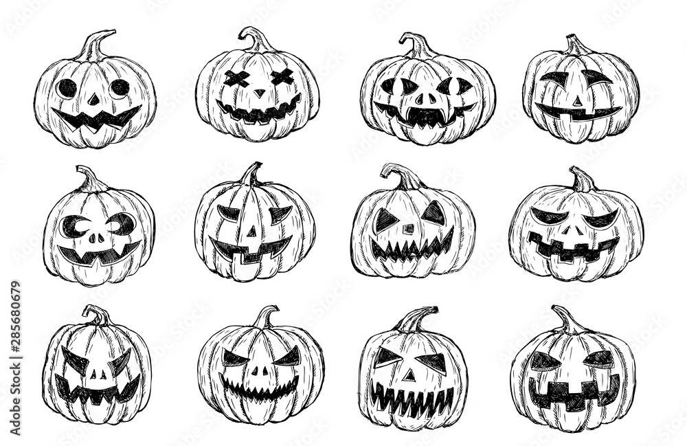 Obraz premium Halloween pumpkins set. Hand drawn illustration.