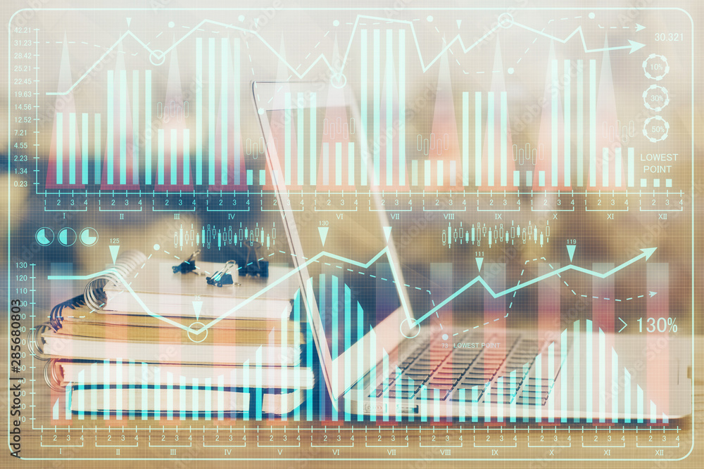 Double exposure of forex chart and work space with computer. Concept of international online trading. Double exposure of forex chart and work space with computer. Concept of international online trading.