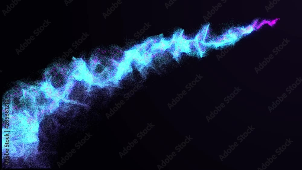 Beautiful video animation of flying up blue and purple gradient particles leaving behind wide zigzag scattering band looks like colorful dust on black background. Beautiful video animation of flying up blue and purple gradient particles leaving behind wide zigzag scattering band looks like colorful dust on black background.