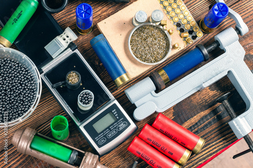 Photography Shotgun shells reloading process with special reload equipment