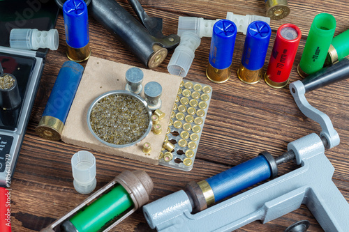 Photography Shotgun shells reloading process with special reload equipment