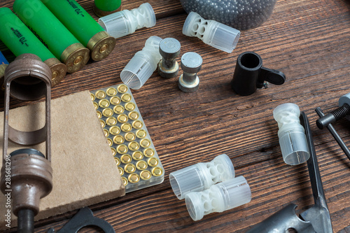 Photography Shotgun shells reloading process with special reload equipment