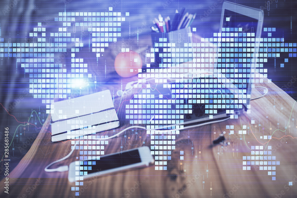 Multi exposure of business theme icons and table with computer background. Concept of success. Multi exposure of business theme icons and table with computer background. Concept of success.